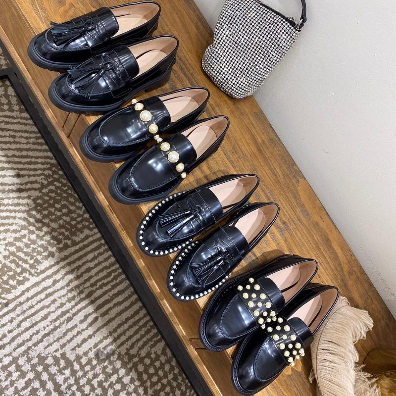 

Dress Shoes Tassel Decor Women Pumps Genuine Leather Loafers Thick Bottom Slip-on Pearl Mary Janes 2022 Black Classic, Picture shown