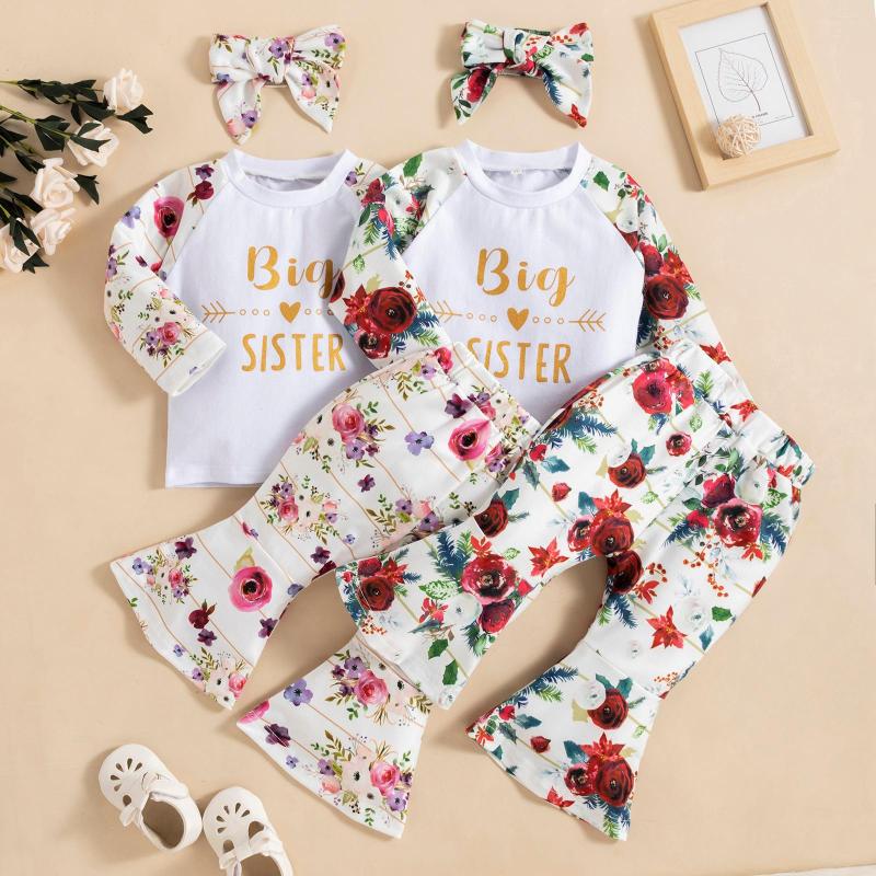 

Clothing Sets Infant Baby Girls Casual Three-piece Suit Flower Print Round Collar Pullover Flared Trousers And Bow Knot Headdress 6M-3T, Pink