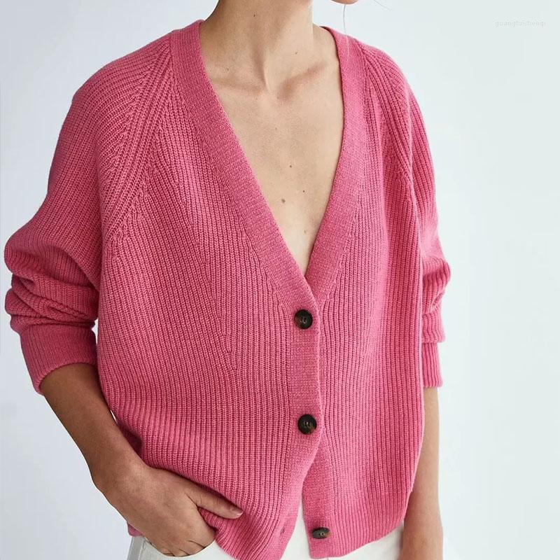 

Women' Knits Pink Cardigan Woman Long Sleeve Autumn Sweater Womens Rib Knit Casual Top Button Up Vintage Knitted
