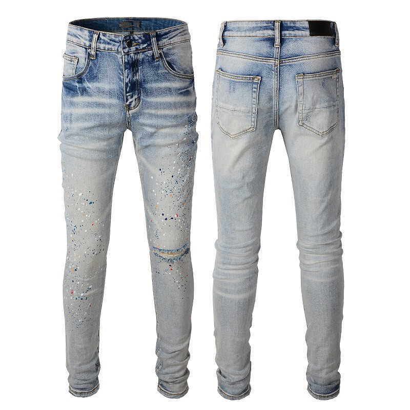 

Designer Jeans Mens Paint Denim Ripped with Hole Skinny Fits Slim Biker Moto Straight Leg Spray On Vintage Distress Stretch for Guys Man, 812
