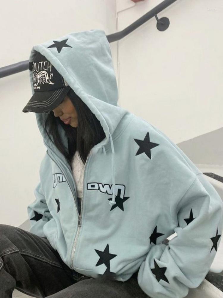 

Women' Hoodies Retro Stars Print Sweatshirt Women Hip Hop Winter Loose Vintage Long Sleeve Zipper Jacket Ladies Harajuku Y2k Tops, Gold