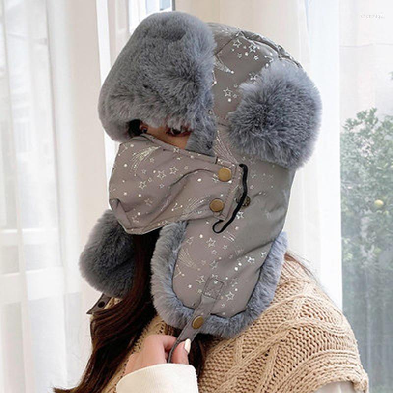 

Berets Lei Feng Hat Female Winter Thick Warm Tide Cute Sweet Print Outdoor Cap Windproof Vintage Bomber, Blue snowflake