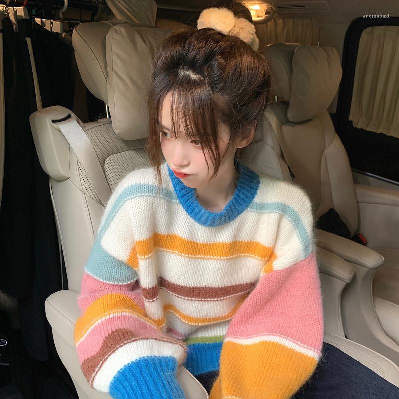 

Women's Sweaters Spring Autumn 2022 Women O Neck Striped Knit Pullover Tops Loose Casual Sweater Jumpers Long Sleeve Female Knitwear Sueter, Beige