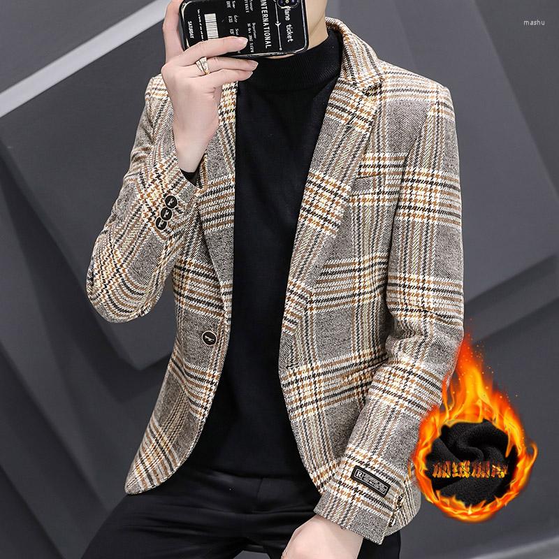 

Men's Suits 3XL Winter Velvet Plus Thick Plaid Suit Male Korean Casual Fashion Jacket Young Handsome Slim Small, Beige