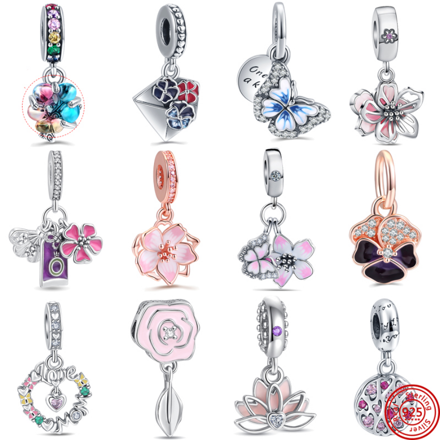 

925 Sterling Silver Dangle Charm Women Beads High Quality Jewelry Gift Wholesale Sakura Pansy Butterfly Dangle Bead Fit Pandora Bracelet DIY 3344224