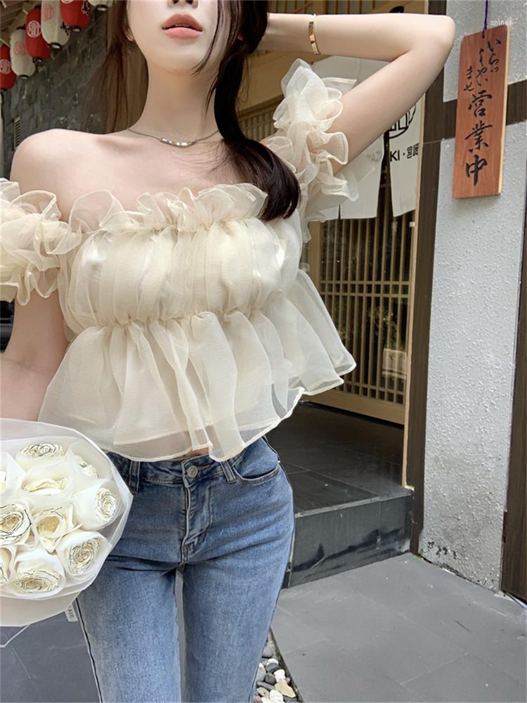 

Women's Blouses Off Shoulder Chiffon Shirt Women Ruffle Slash Neck Summer Girl Design Niche French Puff Sleeve Sweet Chic Crop Top, Apricot