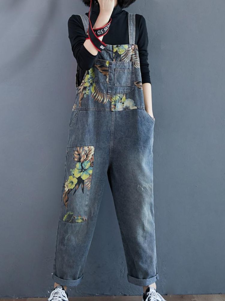 

Women's Jeans Spring Sleeveless Denim Jumpsuit Women Flowers Print Fashion Suspenders Casual Loose Overalls Female Rompers 221011, Blue