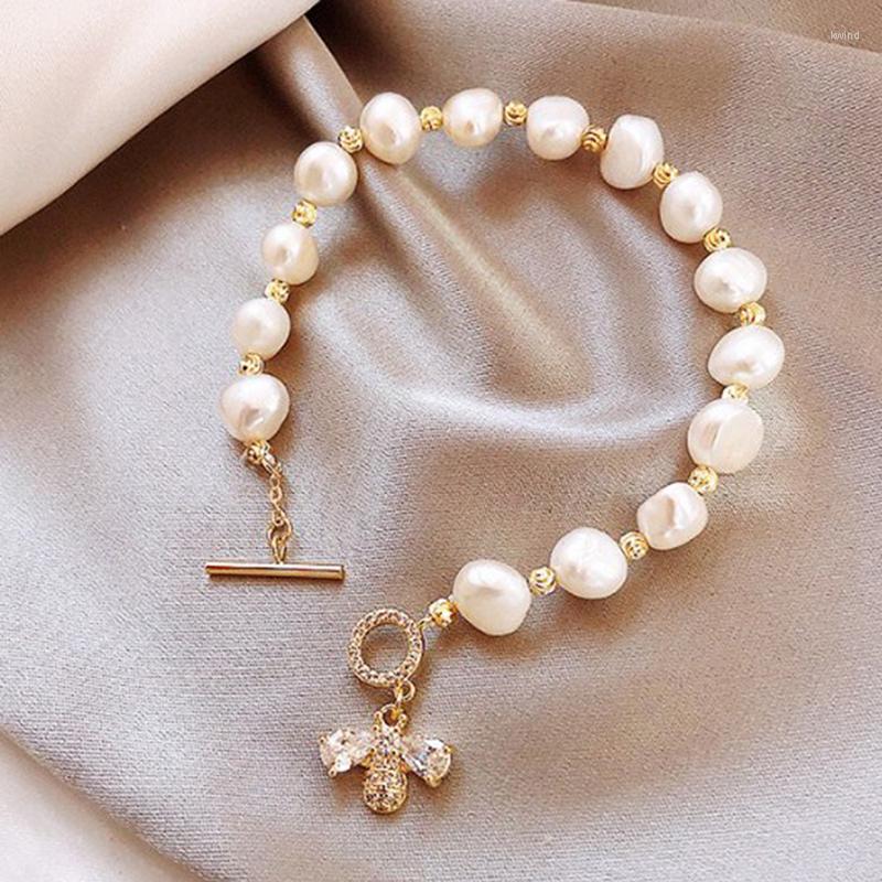 

Charm Bracelets Elegant Baroque Natural Pearl String Bracelet For Woman Luxury Zircon Bee Pendant Fashion Girl's Sweet Jewelry