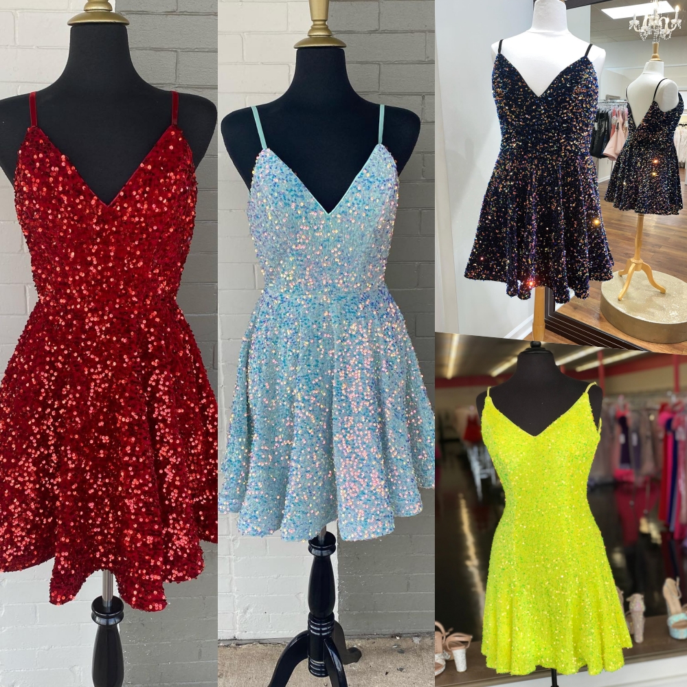 

Velvet Sequins Homecoming Dress 2023 A-Line V-Neck Short Prom Pageant Gown Formal Event NYE Cocktail Party Wear Hoco Court Night Club Light Blue Red Brown Neon Green, Black