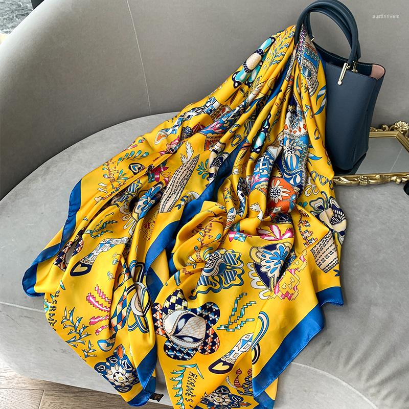 

Scarves 2022 Ladies Sunscreen Fashion Print Neckerchief Satin Silk Scarfs Colour Beach Towel Luxury 180X90CM Shawls