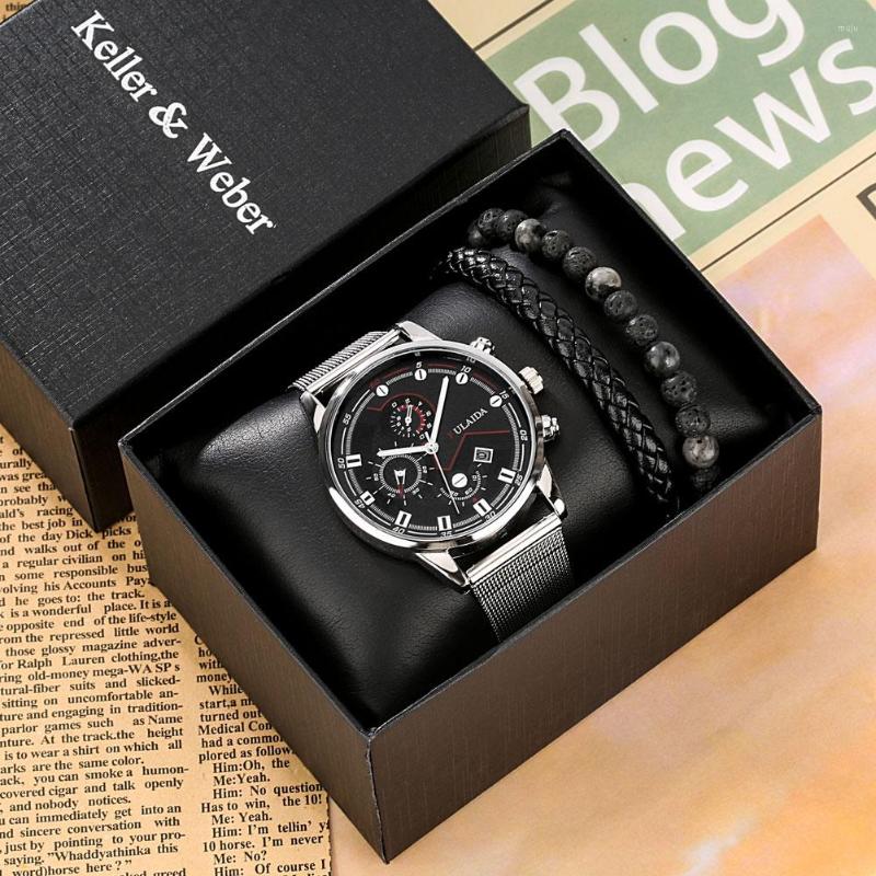 

Wristwatches Silver Luxury Men's Watch Gift Stainless Steel Mesh Quartz With Calendar For Men Bracelet Accessory To Boyfriend, Gift set c