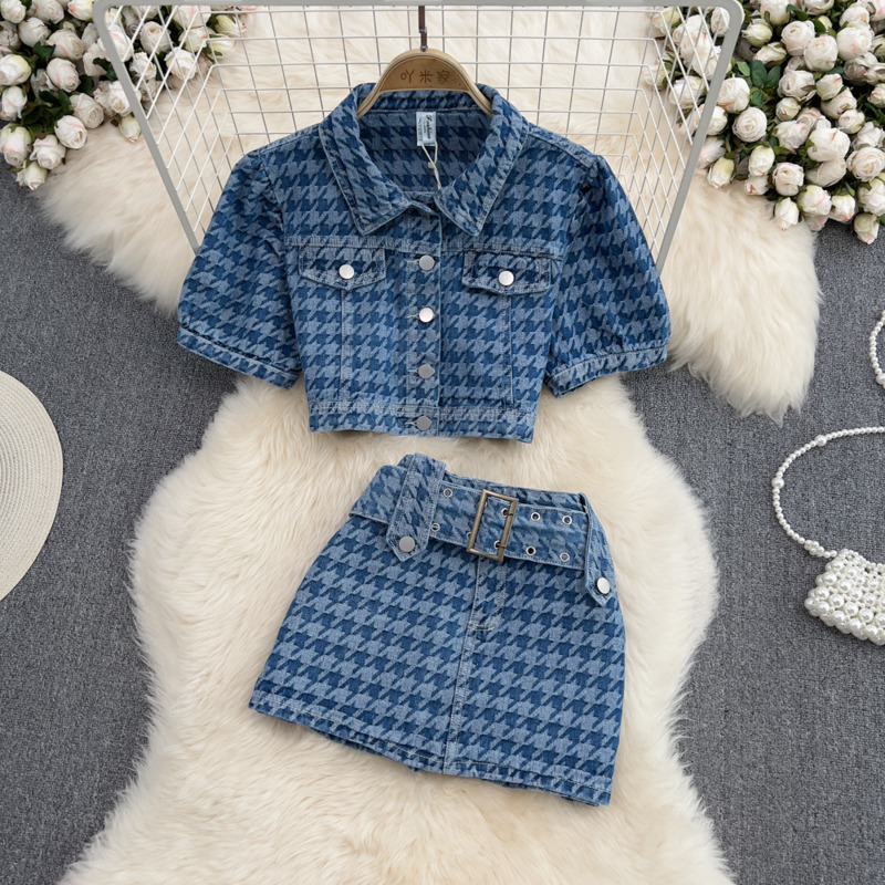 

Two Piece Dress PREPOMP Summer Short Sleeve Turn Down Collar Blue Plaid Denim Shirt High Waist Mini Skirt Set Outfits GF325 221010