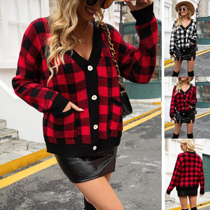 

Women's Knits For 2022 Spring Autumn Oversized Plaid Cardigan Women Loose Long Sweaters Streetwear Warm Outerwear Clothes, T9040 5