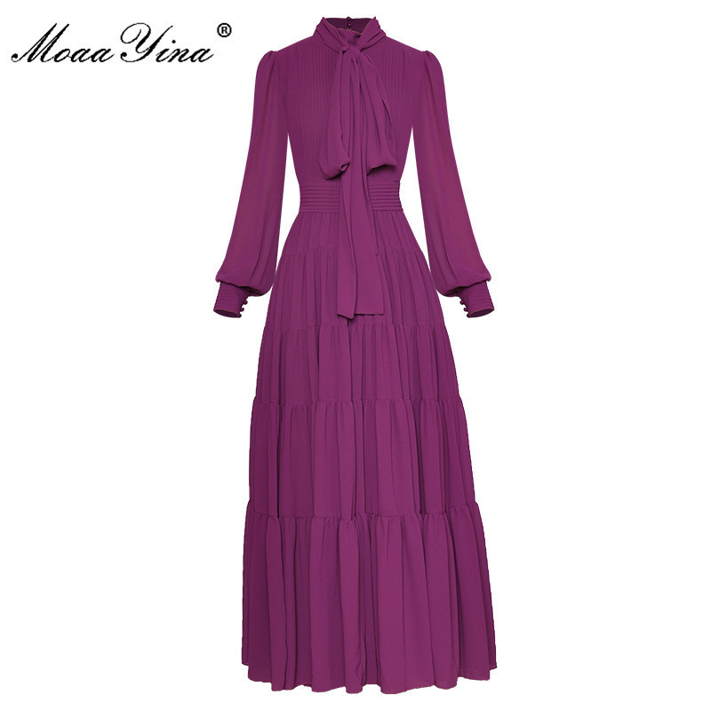 

Two Piece Dress MoaaYina Fashion Runway dress Spring Women's Bow Collar Long Lantern Sleeve Purple Elegant Pleated Party es 221010