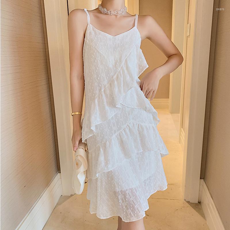 

Casual Dresses Fashion Summer Vintage Ruffle Sleeveless Midi Party Dress Ladies Elegant Robe Sexy Strap White Beach Vacation Short