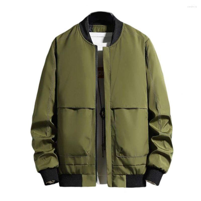 

Men's Jackets Men Jacket Coats Casual Stand Collar Long Sleeve Multiple Pockets Ribbing Bottom Bomber Outwear For Chaquetas, Beige