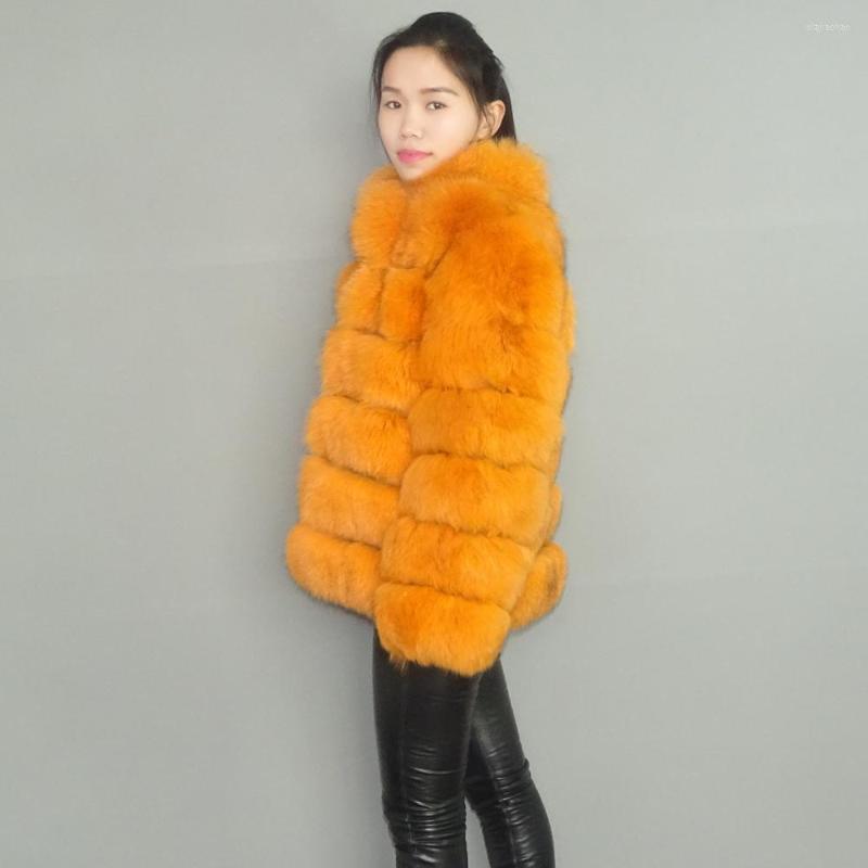 

Women' Fur Real Coat Woman 2022 Models Stand Collar Long Sleeves Transverse Stripe 12, Orange