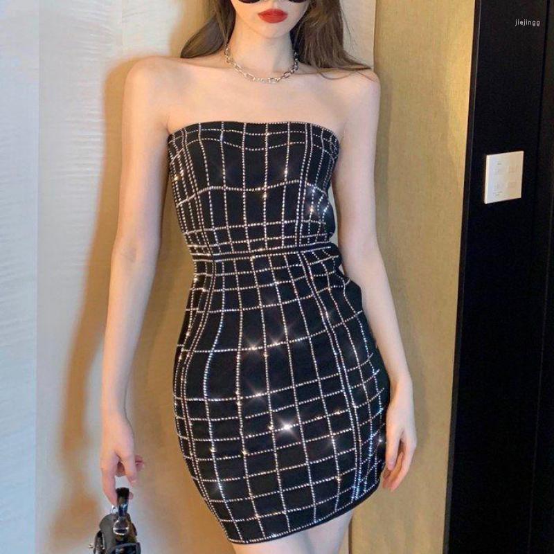 

Casual Dresses Women Plaid Rhinestone Skirt Thin Evening Party Celebrity Banquet Dress Strapless Summer Sexy Chinese Formal Qipao, Black
