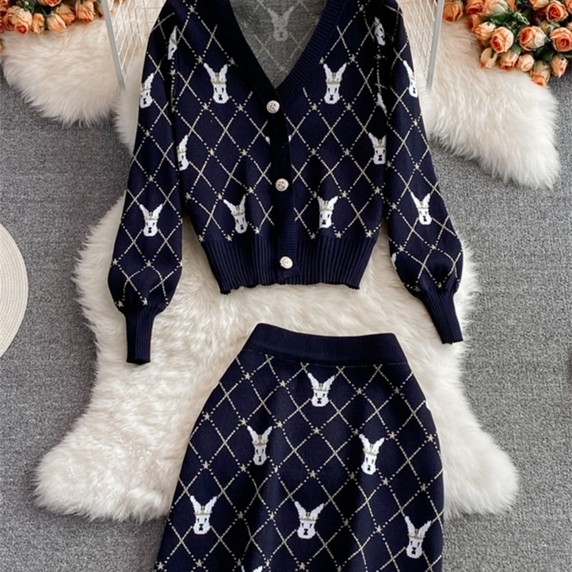 

Two Piece Dress Small Fragrance Vintage Knit Set Women Sweater Cardigan Coat Crop Top Mini Skirts Sets Fashion Casual 2 Suits 221010, Picture color