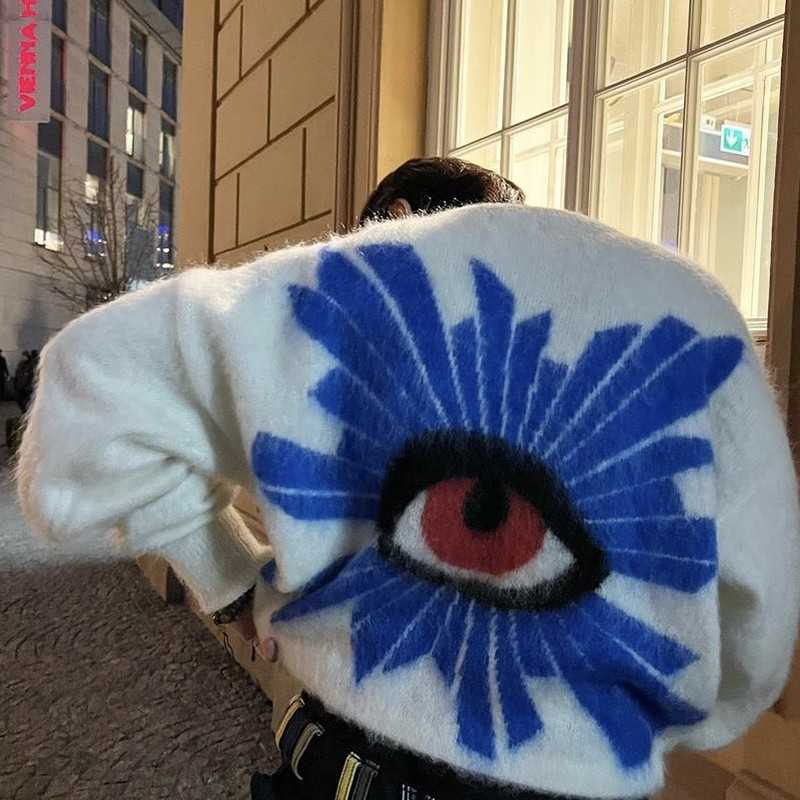 Men's Sweaters American Hot Men Women Harajuku eye graphic Retro Vintage Knitted Unisex Cotton couple Pullover G221010