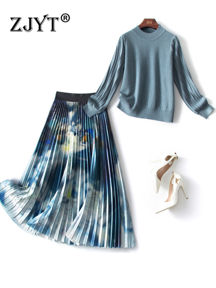 

Two Piece Dress ZJYT Fashion Designer Spring Pieces Set for Women Elegant Long Sleeve Knitted Top and Print Pleated Skirt Suit Casual 221010, As pictures