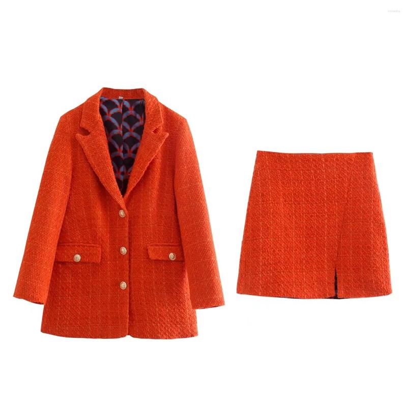 

Women' Suits Xitimeao Women' Retro Print Lined Tweed Slim Fashion Long Sleeve Button Coat Top And Miniskirt, Red skirt