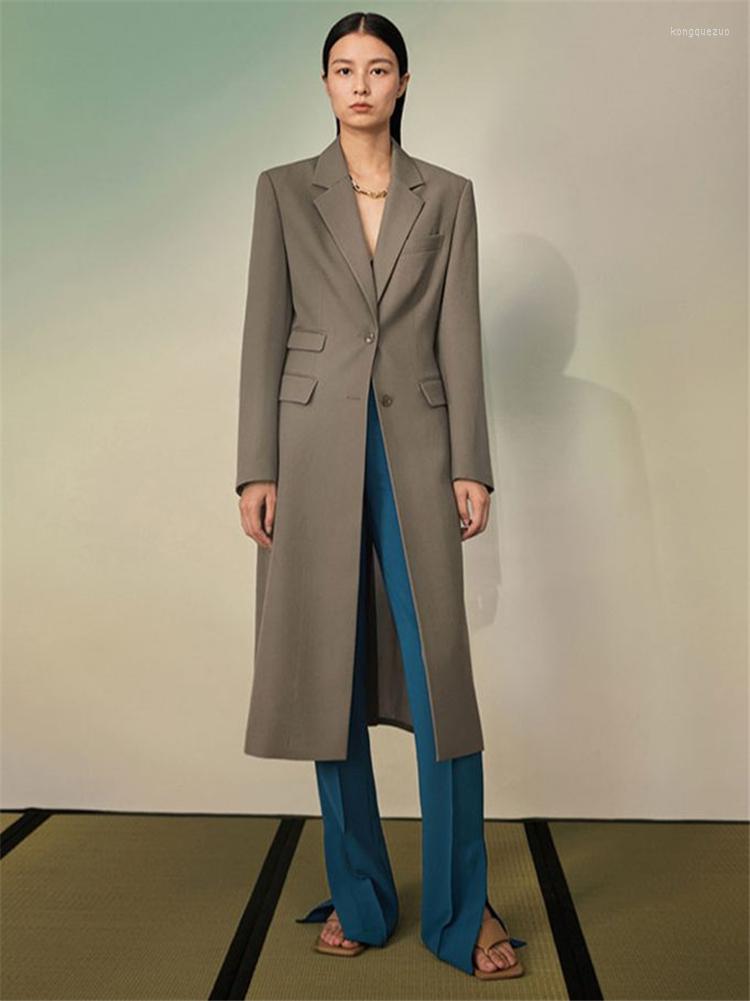 

Women' Trench Coats Autumn Women Suit Jacket Midi OL Style Notched Collar Windbreaker Coat Dark Camel British Temperament Y3218