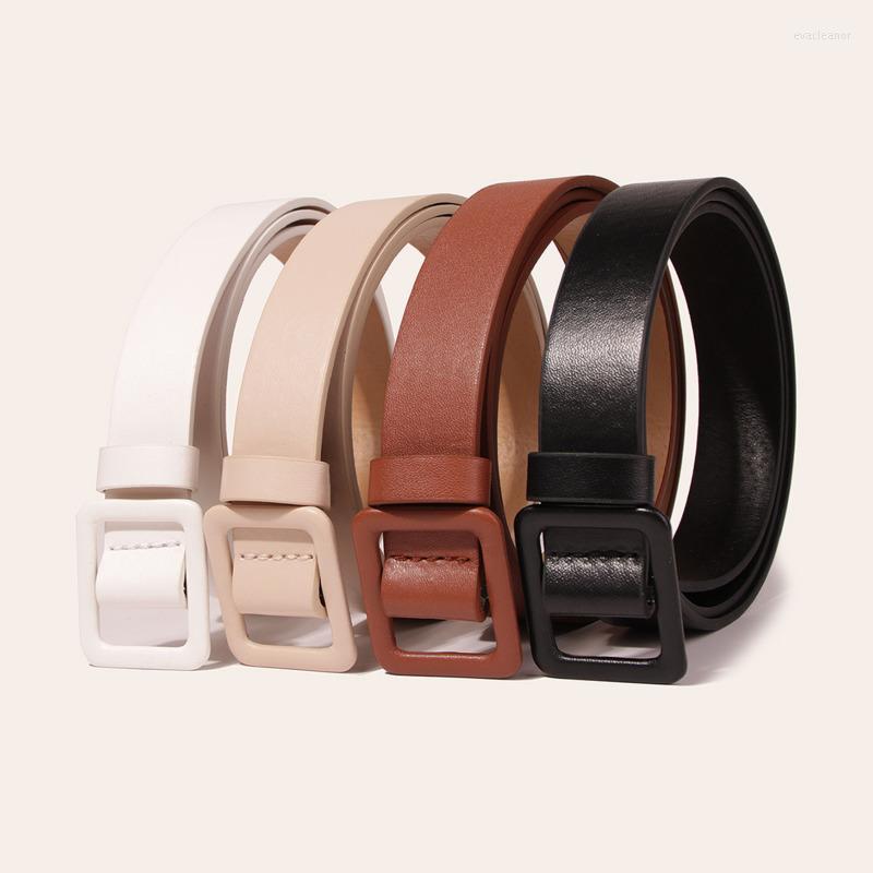

Belts PU Leather Women Waist Belt Solid Color Narrow Thin Slim Square Smooth Buckle Decorative Dress Jeans Waistbands, Brown