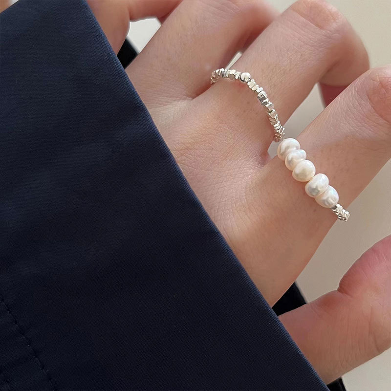 

Authentic 925 Sterling Silver Band Rings Geometric Beads For Women Natural Freshwater Pearl Ring Wedding Party Gifts