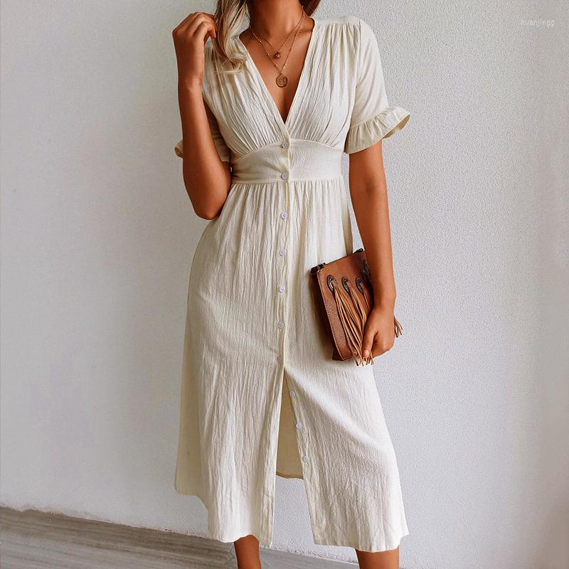 

Party Dresses Holiday Vintage Dress Summer 2022 Women' Color V-neck Buttoned 65% Cotton Midi Lace Short Sleeve Long Vestidos, Dark green