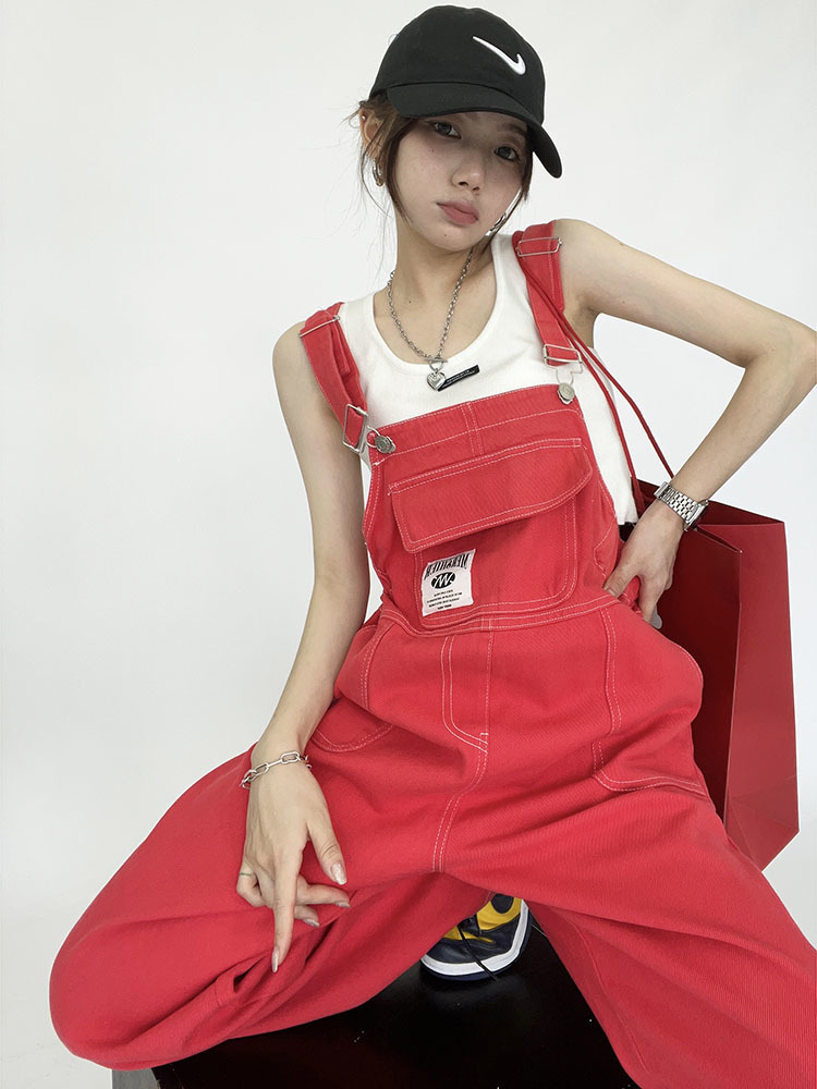 

Women' Jeans Red Streetwear Denim Suspenders Pant Summer Loose Wide Leg Cool Salt Net Fried Street 221011