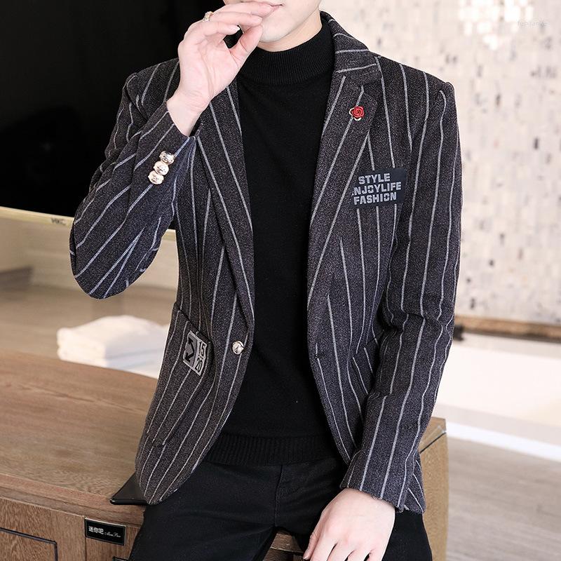 

Men's Suits HOO 2022 Men's Striped Embroidered Woolen Blazer T Youth Slim Fit Thick, Black