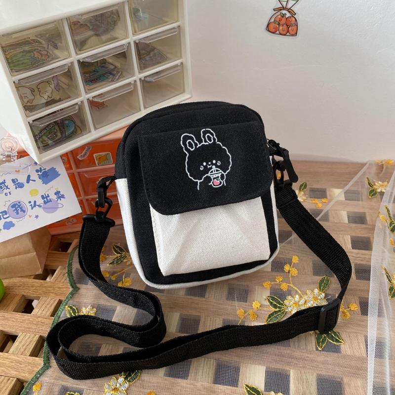 

Evening Bags Canvas Women's Phone Bag Cartoon Printed Shoulder Messenger Fashion Hit Color Flap Purse Casual Handbag Female Shopping, Black