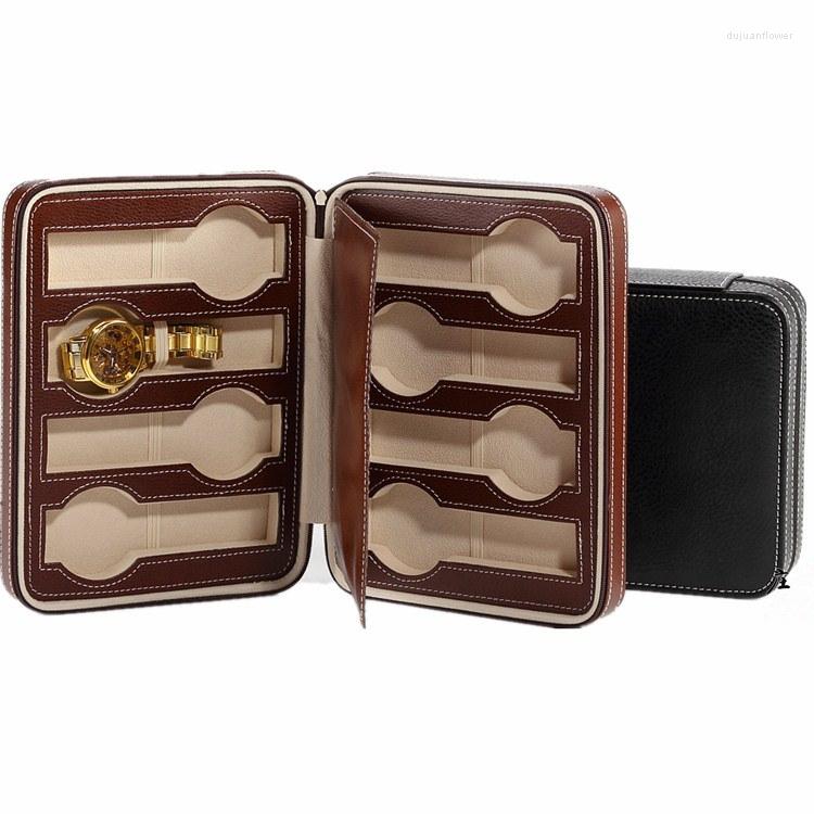 

Watch Boxes 8 Slots Leather Storage Case Black Travel Organizer Mens Simple Jewelry Cases Mechnical Bag Holder