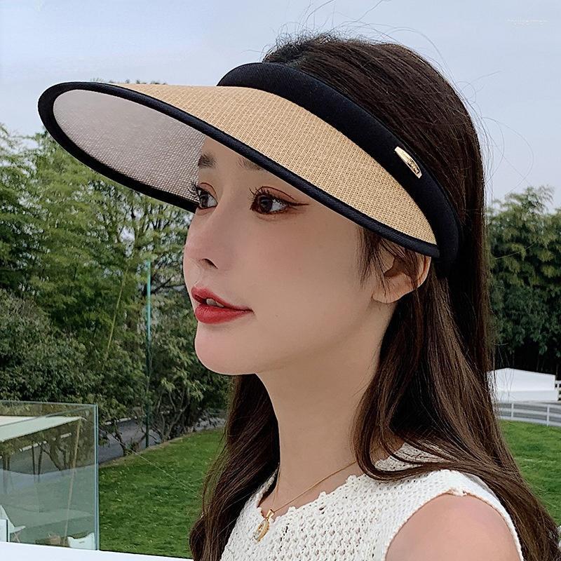 

Wide Brim Hats Summer Straw Hat Caps Women Panama Woven Cap Empty Top Sun Sunscreen Beach 2022 VisorWide, Black