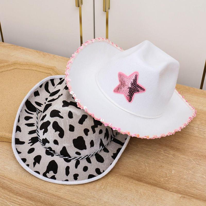 

Berets White Cowgirl Hats Pink Star Cow Girl Hat With Sequin Trim Fringe Adjustable Neck Draw String Adult Size Cowboy