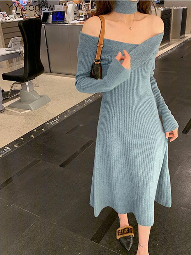 

Casual Dresses YYGegew Sexy Slim A-line Sweater Dress Women Winter Autumn Slash Neck Thick 2022 French Long Sleeve, Pj2020 sweater gray
