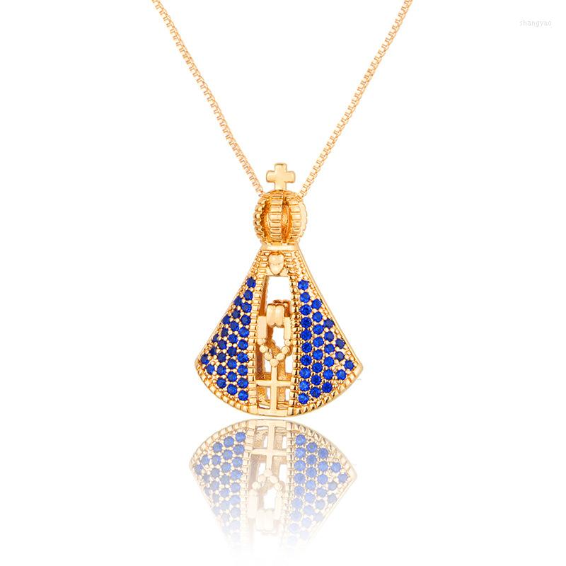 

Pendant Necklaces Double Sided Virgin Mary Necklace Blue Crystal Gold Christian Religious Faith Prayer Jewelry