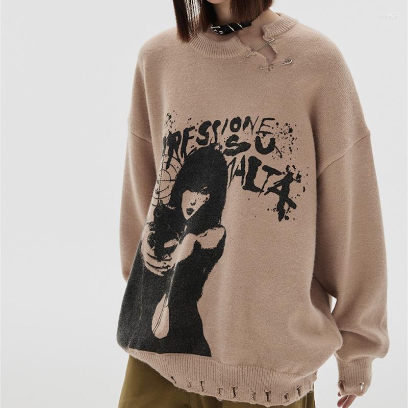 

Men's Sweaters Y2k Clothes Street Character Print Streetwear Hole Long Sleeve Men And Women Couples Vintage Knitwear Pullover Top, Zong