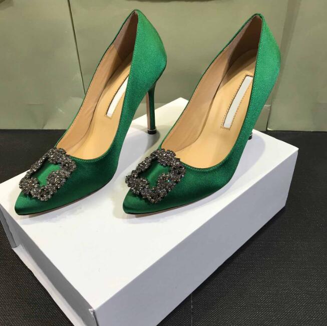 

Brand Women High Heel Shoes 6cm 8cm 10cm Shiny Metal Square Buckle Flat-heeled Silk Satin Rhinestone Light Red Wedding Shoes 34-42, Green
