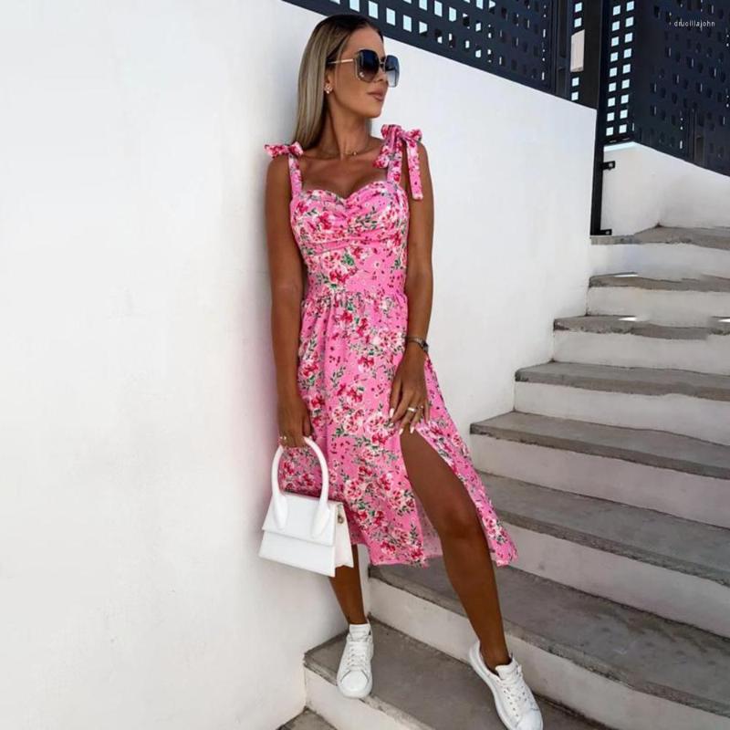 

Casual Dresses 2022 Strap Woman Dress Summer Fashion Floral Print Sleeveless Backless Split A Line Midi For Women Robe Femme, Rose red