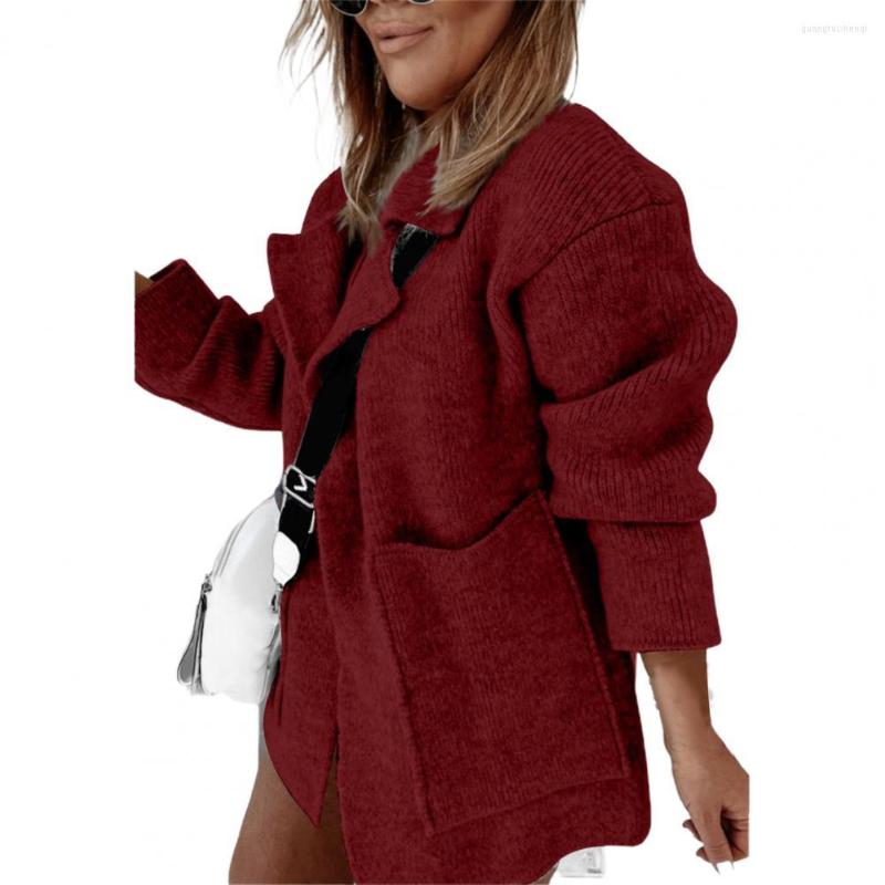 

Women's Knits Open Front Long Sleeve Women Cardigan Autumn Winter Two Pockets Lapel Sweater Coat Female Knitwear, Black