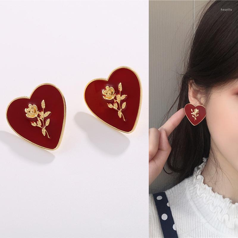 

Stud Earrings Romantic Wine Red Heart Rose For Women Girls Teen Korean Fashion Flower Petal Love 2022 Trend Arrival
