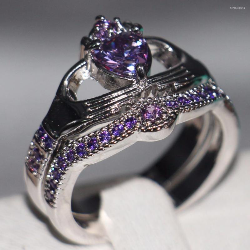 

Wedding Rings Size 5-11 Choucong Fashion Jewelry 10KT White Gold Filled Pear Cut 5A Purple CZ Women Bridal Claddagh Couple Ring Gift