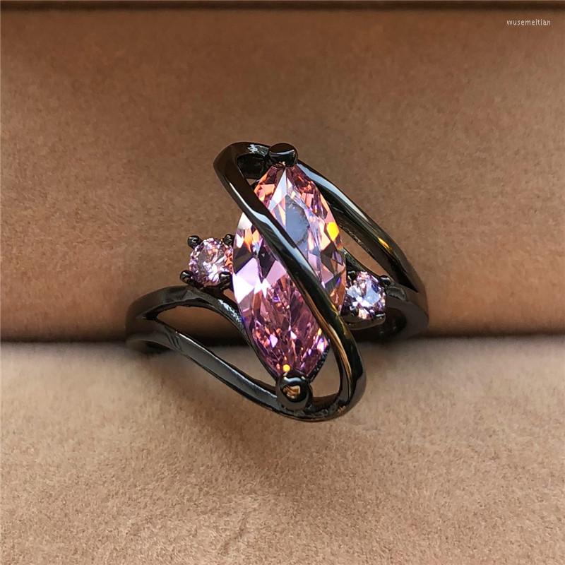 

Wedding Rings Cute Female 14KT Black Gold Filled Ring Princess Big Oval Pink Stone Promise Love Engagement For Women