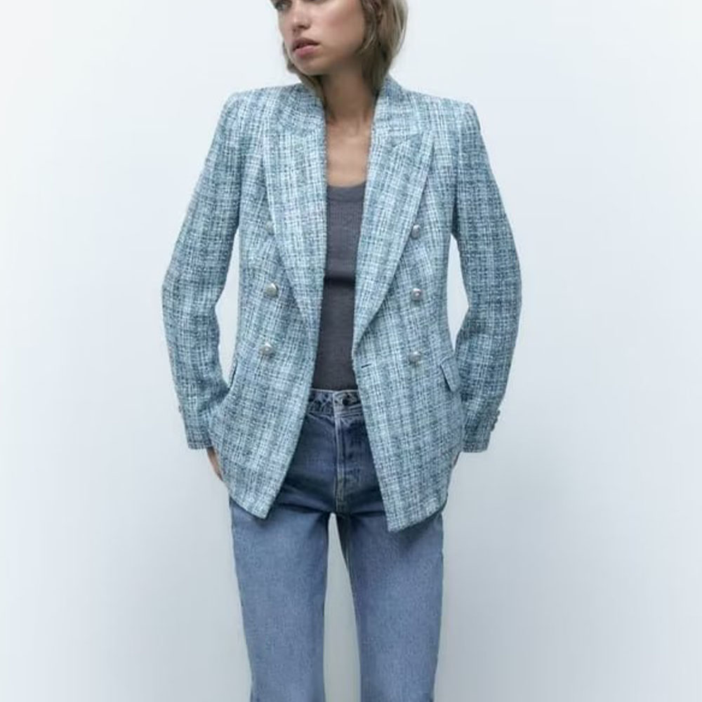 

Women' suit Spring and autumn new style small fragrance j texture lattice double breasted long sleeve jacket slim casual suit blazer, Multi