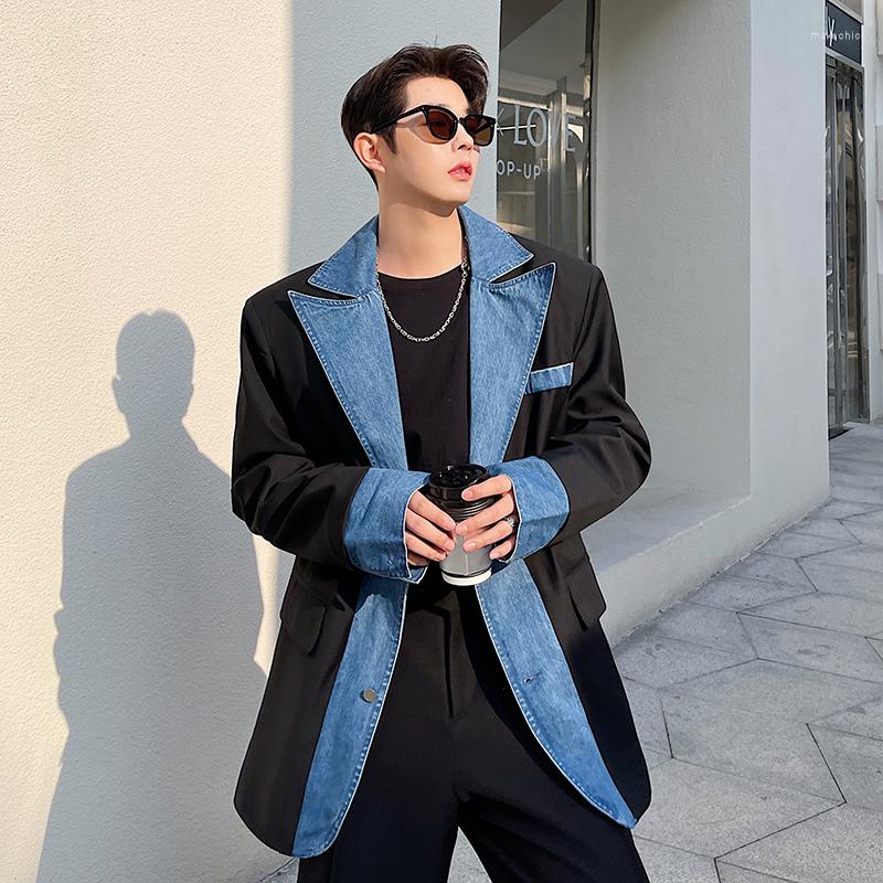 

Men's Suits Casual Suit Blazer For Men Korean Streetwear Trend Fashion Denim Splice Jacket Blazers Male Vintage Loose Coat Outerwear, W0397