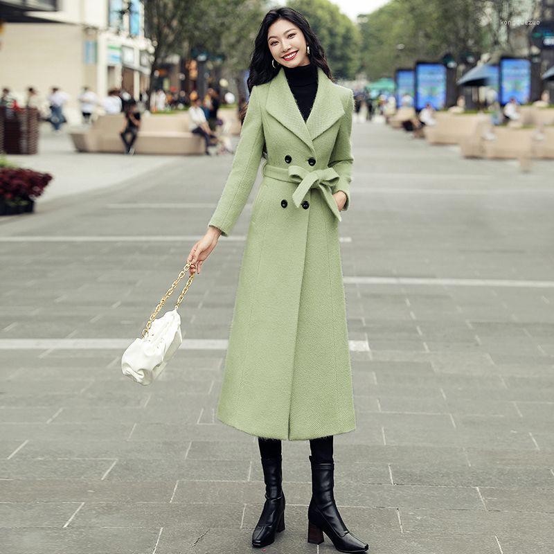 

Women' Trench Coats Women Wool Coat Winter Woolen Female Long Below The Knee Slim-Fit, Light green thin