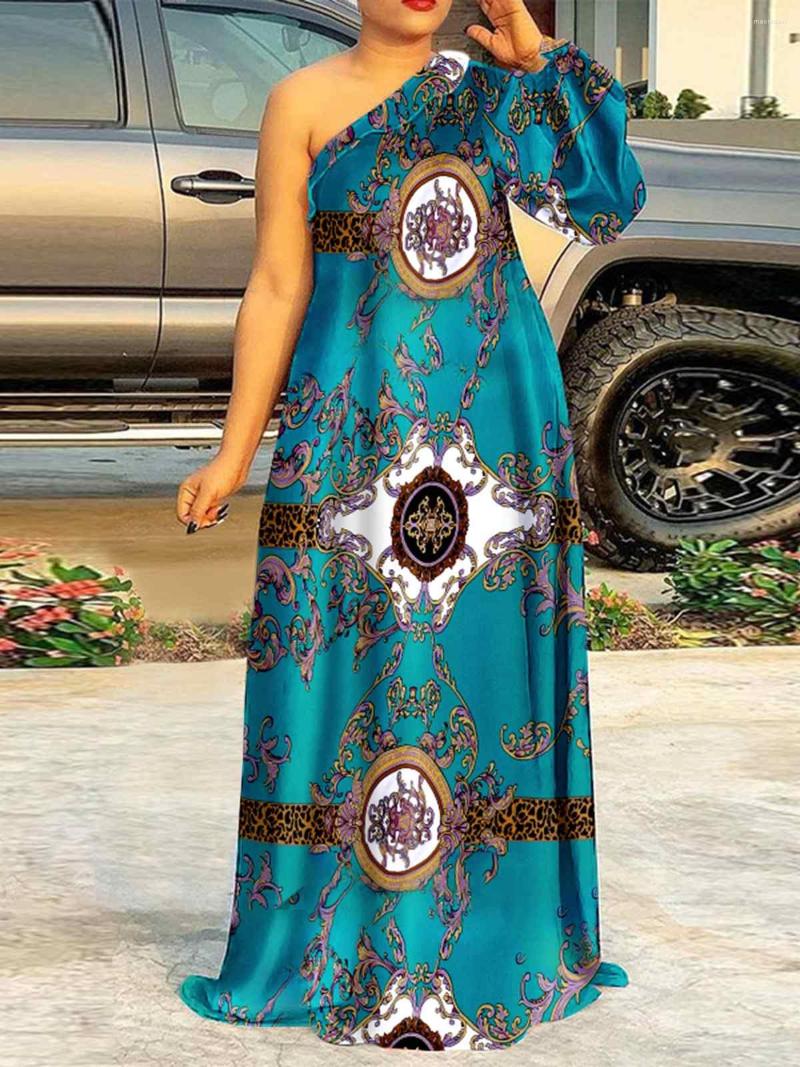 

Casual Dresses VONDA Women Sexy One Shoulder Bohemian Sundress 2022 Autumn Long Sleeve Floral Printed Dress Pleated Maxi Vestidos Oversize, Beige