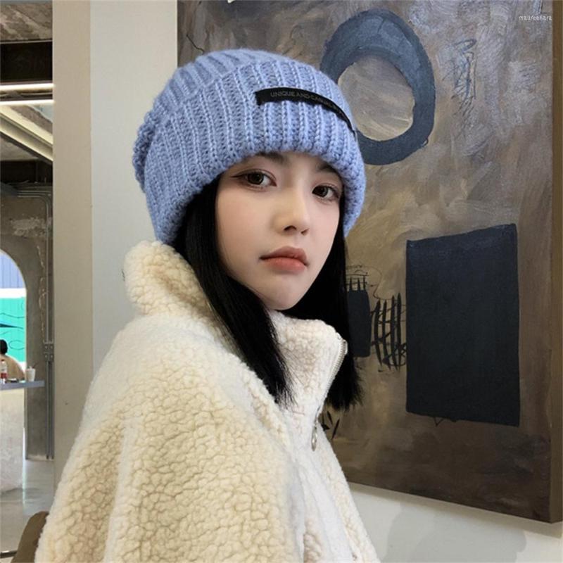 

Berets Loose Big Head Knit Hat Unisex Mohair Wool Patch Wild Face Small Warm Cold Dome High Elasticity Clothing Collocation